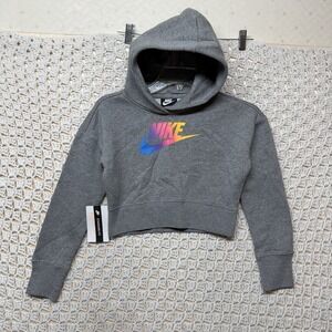 Nike Crop Top Hoodie Sweatshirt Girls Size S Gray Pullover Colorful Logo NWT